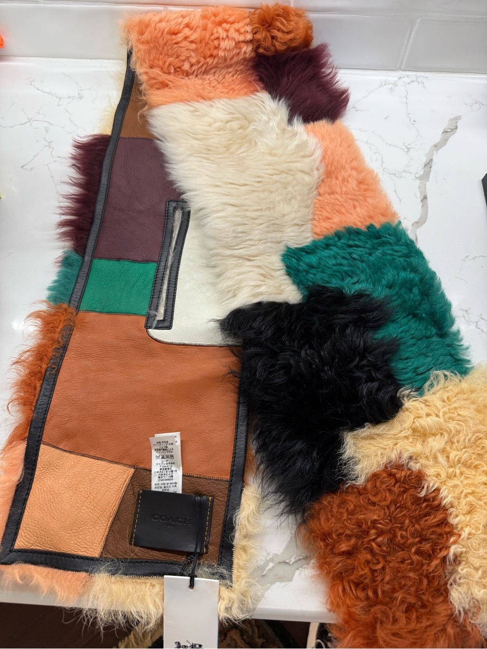 Coach Multicolor Patchwork Shearling Scarf - Green, Black, Cream, Orange, Brown